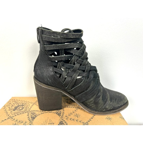 Free People Carrera Black Leather Woven Strappy Heel Ankle Booties Sz 38 US 7.5 - Picture 6 of 14